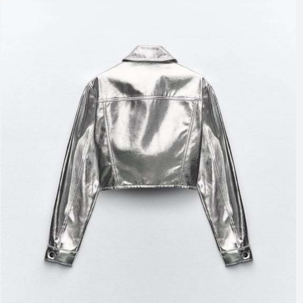 Zara SET  2 pc Metallic Crop Jacket and  Jeans size S and 0 Silver Foil - Picture 16 of 16